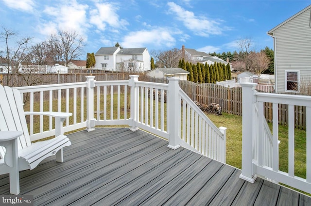 wooden deck with a yard, a fenced backyard, and a residential view