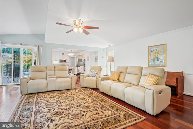 living room featuring crown molding, hardwood / wood-style flooring, and a ceiling fan