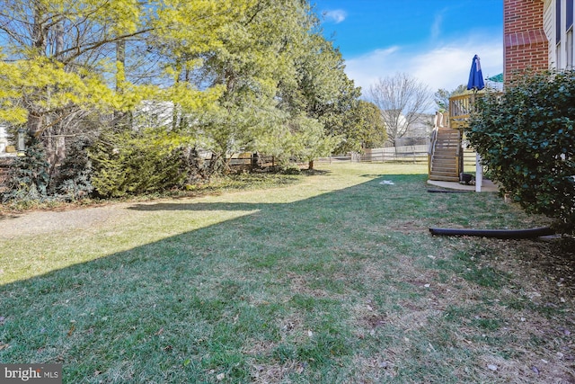 view of yard with stairway and fence