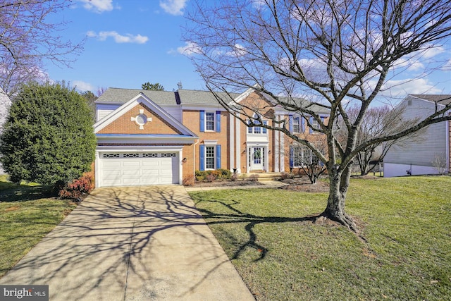 view of front of home with a garage, concrete driveway, brick siding, and a front lawn