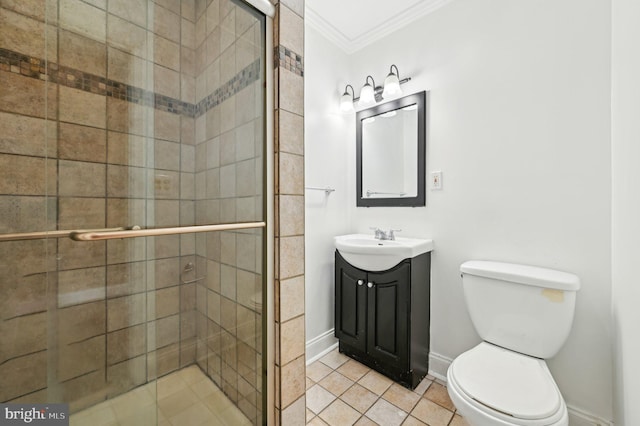 bathroom featuring ornamental molding, tile patterned flooring, a shower stall, and toilet