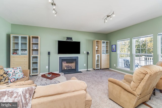 carpeted living room featuring rail lighting