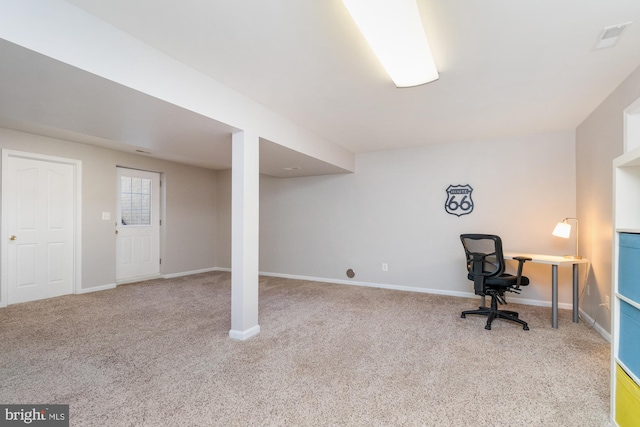 view of carpeted home office