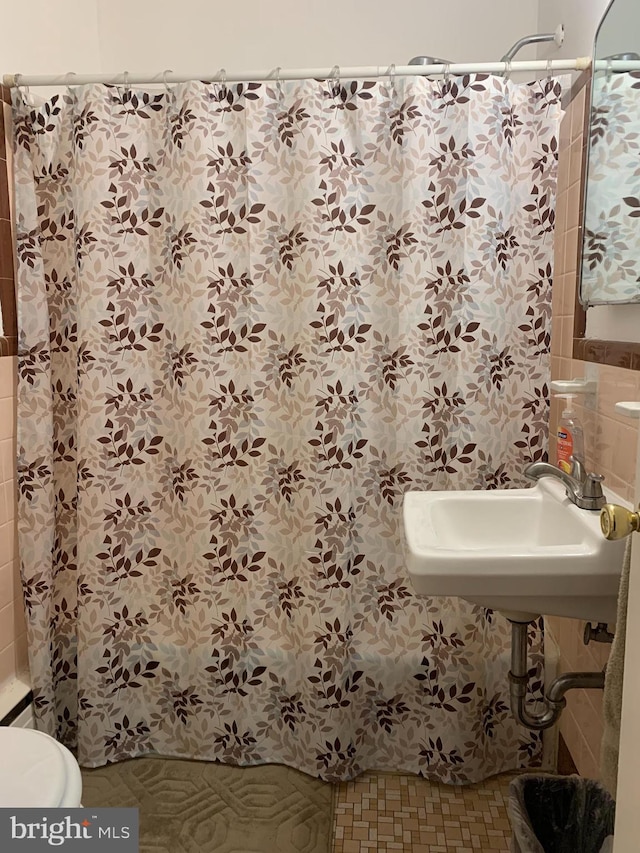 bathroom with sink, a shower with shower curtain, and toilet