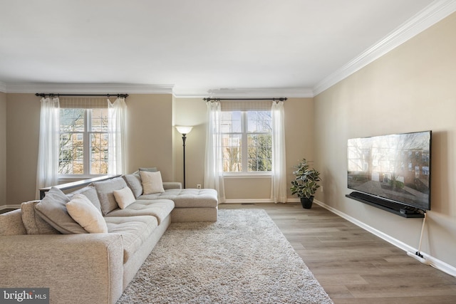 living area with ornamental molding, a healthy amount of sunlight, baseboards, and wood finished floors