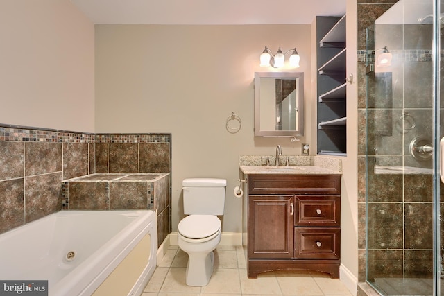 bathroom with a garden tub, tile patterned flooring, toilet, vanity, and a tile shower