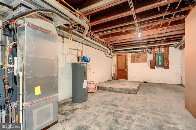 unfinished basement with electric panel, water heater, and heating unit