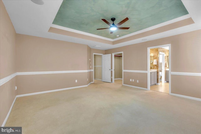 unfurnished bedroom with carpet floors, a raised ceiling, a spacious closet, and baseboards