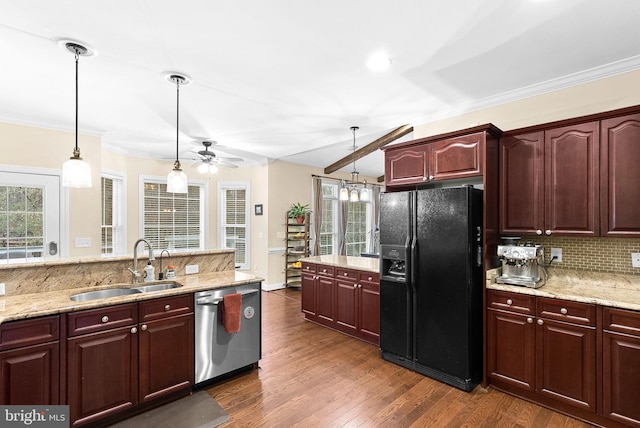 9801 Alydar Ct, Nokesville, VA 20181 - kitchen with pendant lighting, a ceiling fan, a sink, black fridge with ice dispenser, and dishwasher