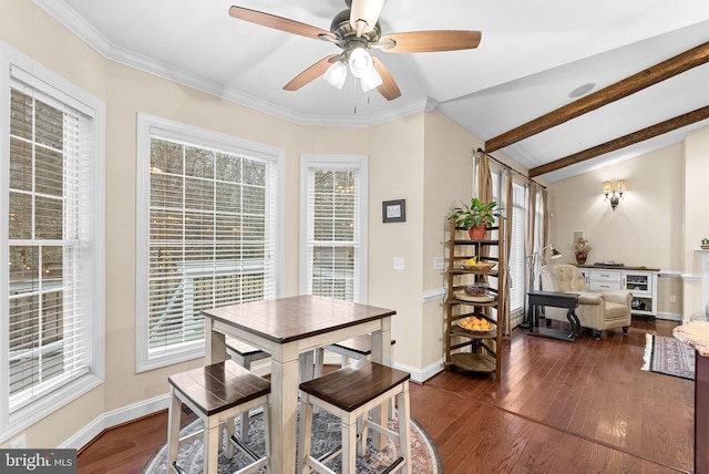9801 Alydar Ct, Nokesville, VA 20181 - dining area featuring crown molding, baseboards, ceiling fan, lofted ceiling with beams, and dark wood-style flooring