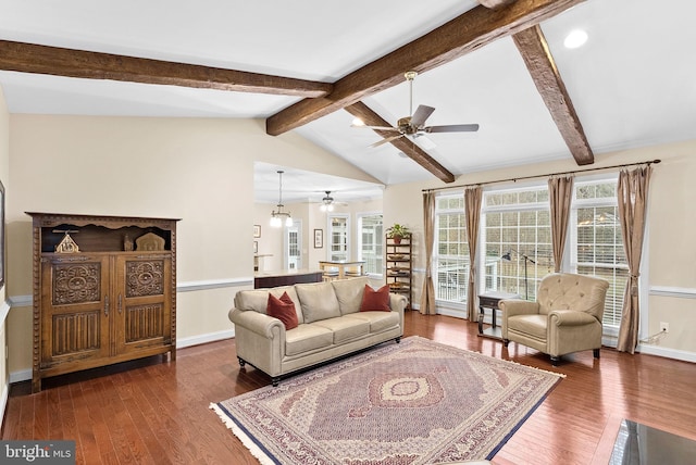 9801 Alydar Ct, Nokesville, VA 20181 - living room featuring hardwood / wood-style floors, lofted ceiling with beams, a ceiling fan, and baseboards