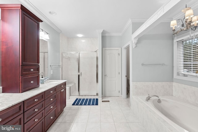 9801 Alydar Ct, Nokesville, VA 20181 - full bathroom with vanity, a garden tub, a stall shower, and ornamental molding