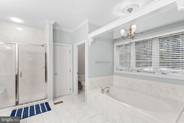 9801 Alydar Ct, Nokesville, VA 20181 - full bath with a garden tub, toilet, a stall shower, and crown molding