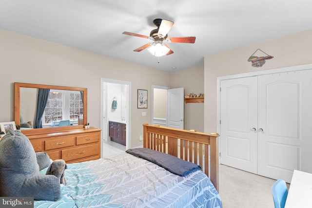9801 Alydar Ct, Nokesville, VA 20181 - bedroom featuring a closet, light colored carpet, ensuite bath, and ceiling fan