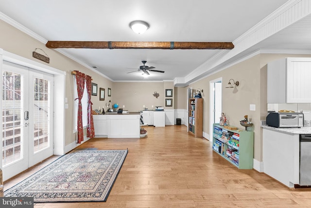 9801 Alydar Ct, Nokesville, VA 20181 - interior space featuring light wood-type flooring, ornamental molding, a ceiling fan, french doors, and arched walkways