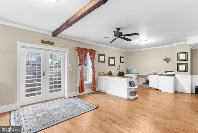 9801 Alydar Ct, Nokesville, VA 20181 - interior space featuring ornamental molding, beam ceiling, light wood-style flooring, french doors, and a ceiling fan