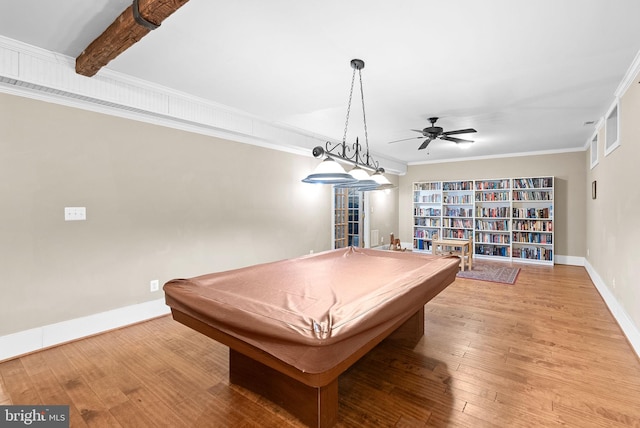 9801 Alydar Ct, Nokesville, VA 20181 - playroom featuring pool table, baseboards, wood-type flooring, and ceiling fan