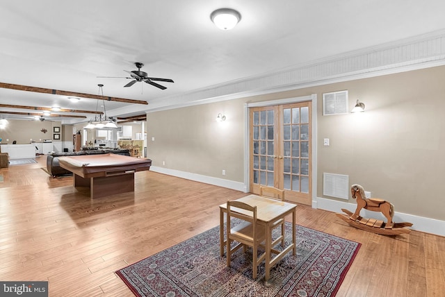9801 Alydar Ct, Nokesville, VA 20181 - playroom with visible vents, a ceiling fan, french doors, pool table, and light wood finished floors