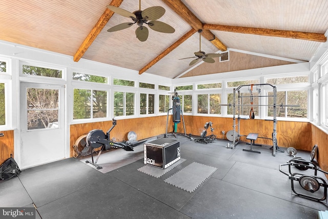 9801 Alydar Ct, Nokesville, VA 20181 - workout room featuring visible vents, lofted ceiling, ceiling fan, and wood walls