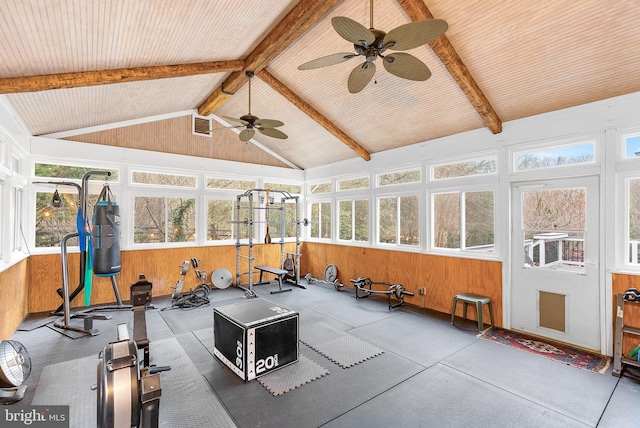 9801 Alydar Ct, Nokesville, VA 20181 - sunroom / solarium featuring lofted ceiling with beams and ceiling fan