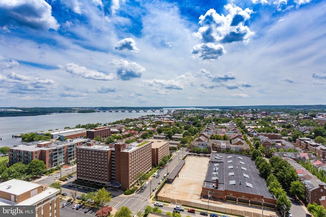 aerial view featuring a water view