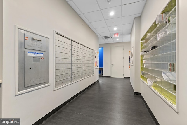 corridor with visible vents, baseboards, a drop ceiling, wood finished floors, and mail area