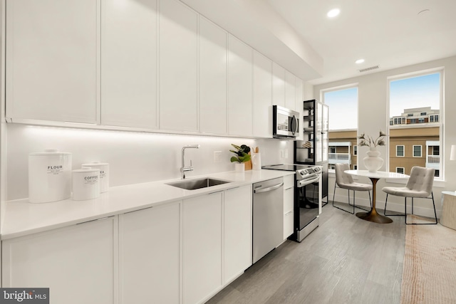 kitchen featuring sink, appliances with stainless steel finishes, white cabinets, and light wood-type flooring