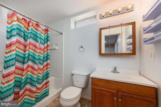 full bath featuring a shower with shower curtain, toilet, tile patterned flooring, and vanity