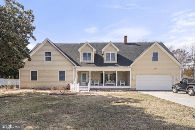 cape cod house with covered porch, a garage, a shingled roof, concrete driveway, and a front yard