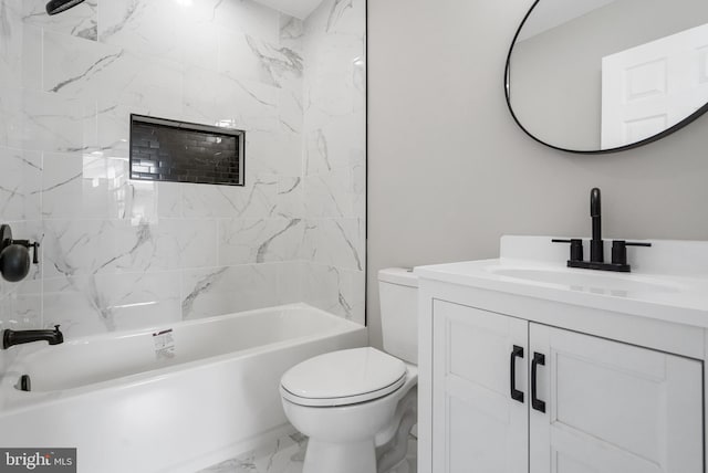 bathroom with toilet, marble finish floor, shower / washtub combination, and vanity