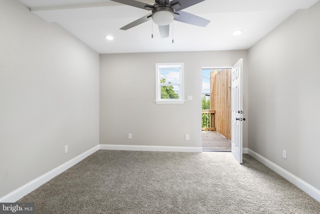 carpeted empty room with recessed lighting, ceiling fan, and baseboards