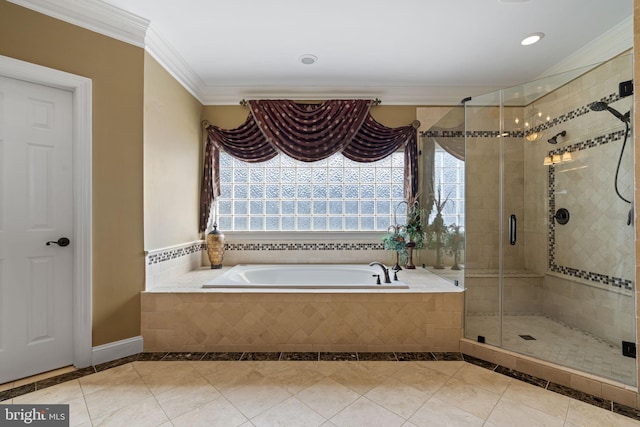 full bath with ornamental molding, plenty of natural light, a shower stall, and tile patterned flooring