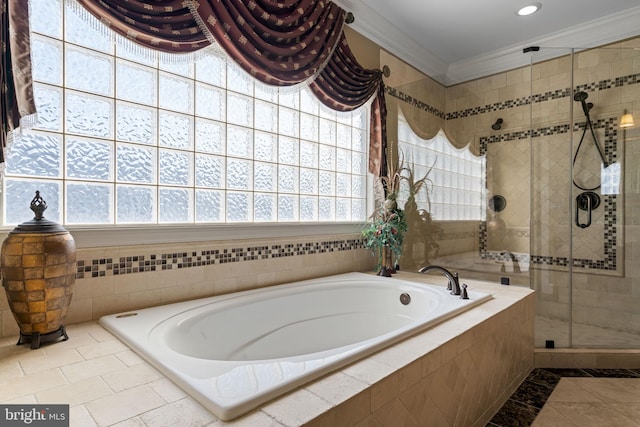 full bathroom with ornamental molding, a stall shower, a garden tub, and recessed lighting