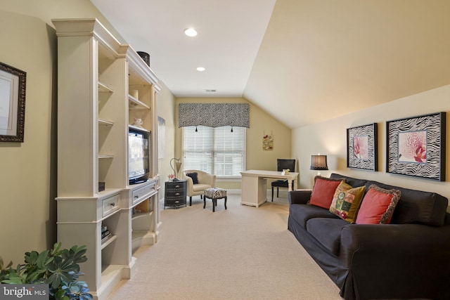 living area featuring lofted ceiling, light carpet, and recessed lighting