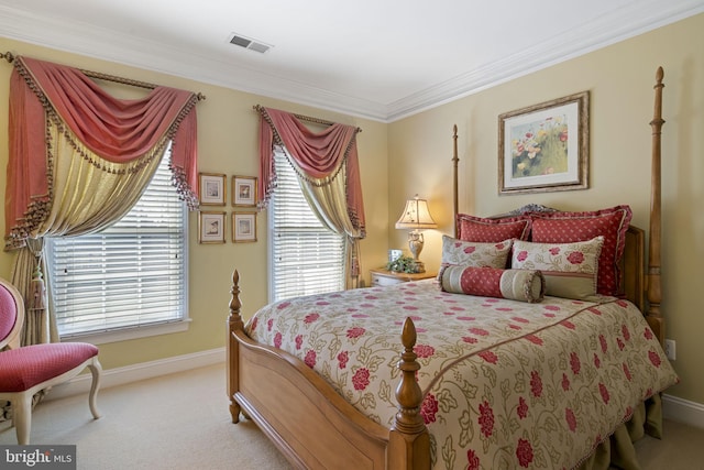 bedroom with light carpet, baseboards, visible vents, and ornamental molding