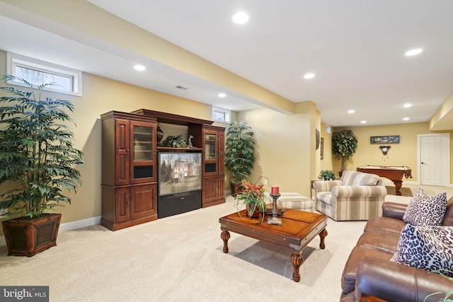 living room with light carpet, baseboards, billiards, and recessed lighting