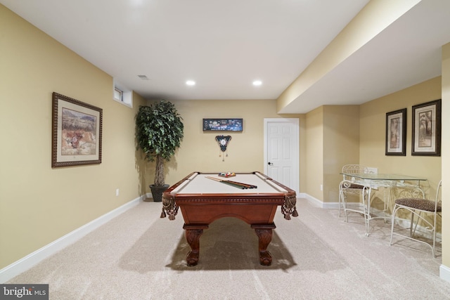 game room featuring recessed lighting, billiards, light colored carpet, and baseboards