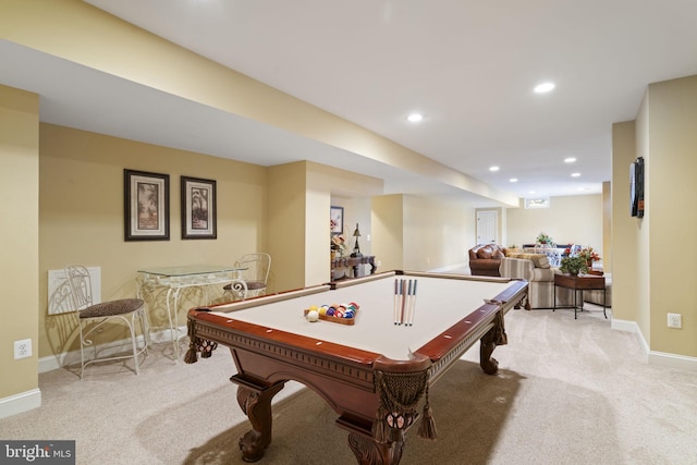 game room with baseboards, recessed lighting, and light colored carpet