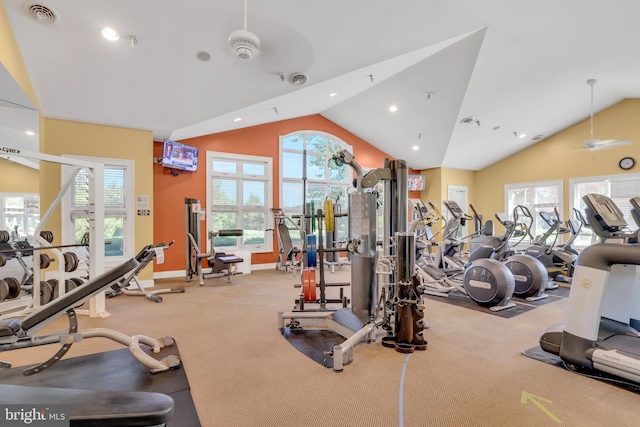 exercise room featuring vaulted ceiling, ceiling fan, visible vents, and recessed lighting