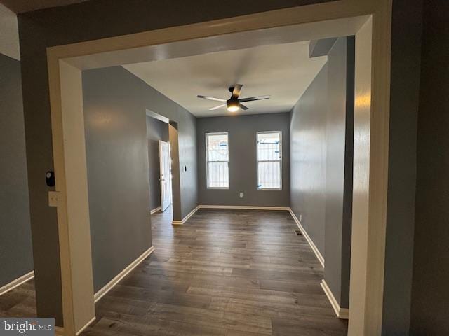 interior space featuring ceiling fan and dark hardwood / wood-style flooring