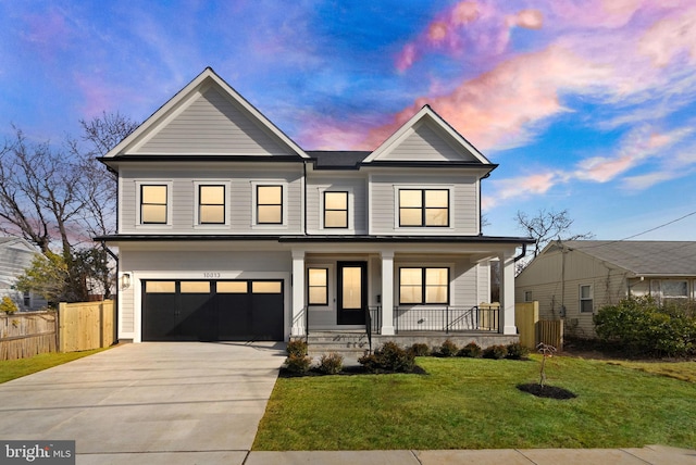 view of front facade with driveway, an attached garage, fence, a yard, and a porch