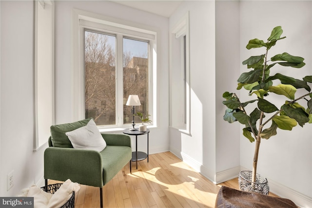 sitting room with baseboards, light wood-style flooring, and a healthy amount of sunlight