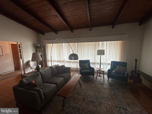 living room featuring wood ceiling and lofted ceiling with beams