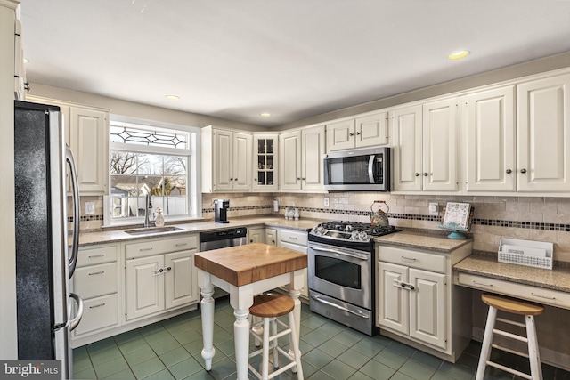 kitchen with appliances with stainless steel finishes, tile patterned floors, a sink, white cabinetry, and backsplash