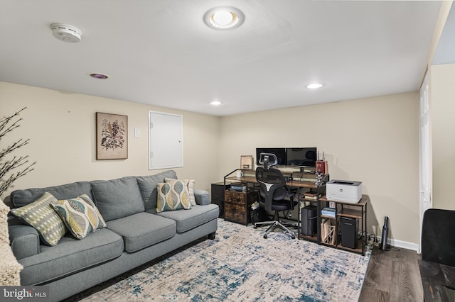 office with recessed lighting, wood finished floors, and baseboards