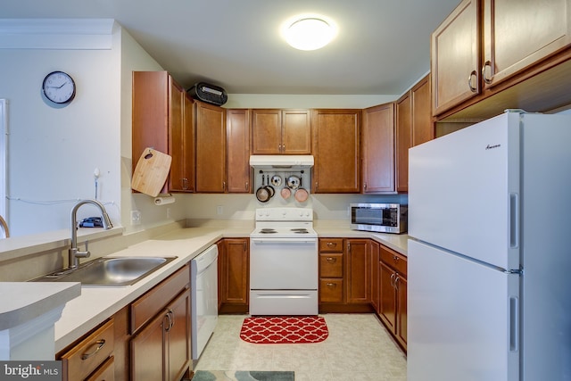 kitchen with white appliances, brown cabinets, a sink, and under cabinet range hood