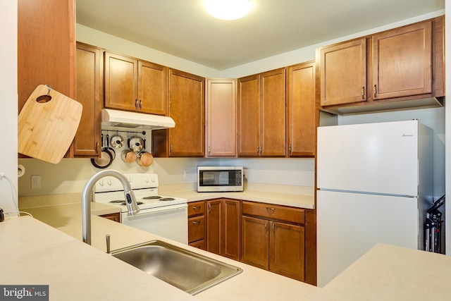 kitchen featuring brown cabinets, light countertops, a sink, white appliances, and under cabinet range hood