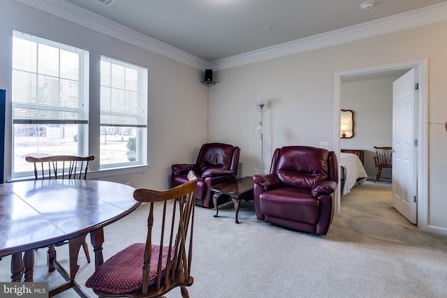 living area featuring ornamental molding and carpet