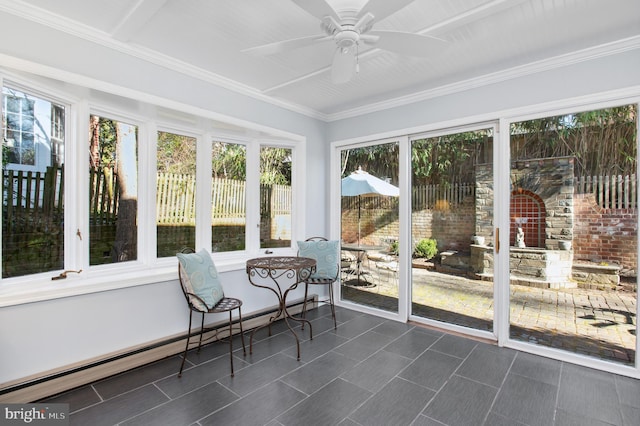 sunroom with baseboard heating and ceiling fan