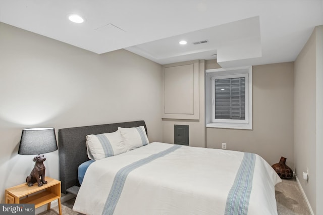 bedroom with recessed lighting, visible vents, carpet floors, and baseboards